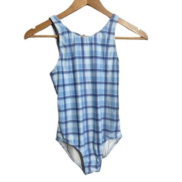 Minnow Girls One Piece Swimsuit 11/12 Blue Plaid Double Bow - Picture 1 of 6